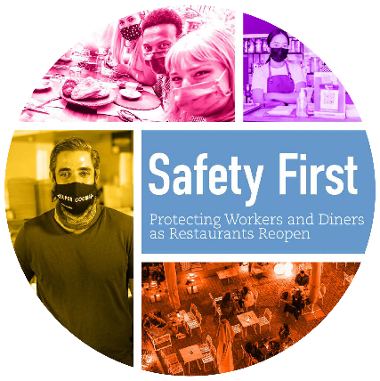 Safety First logo showing restaurant staff and diners wearing masks and smiling